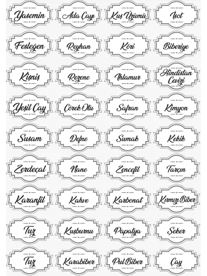 Mutfak Baharat, Bakliyat Sticker Seti - Beyaz