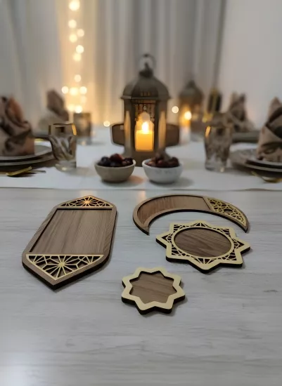 4 Parça Ahşap Sunumluk – Dekoratif İftar ve Sofra Seti
