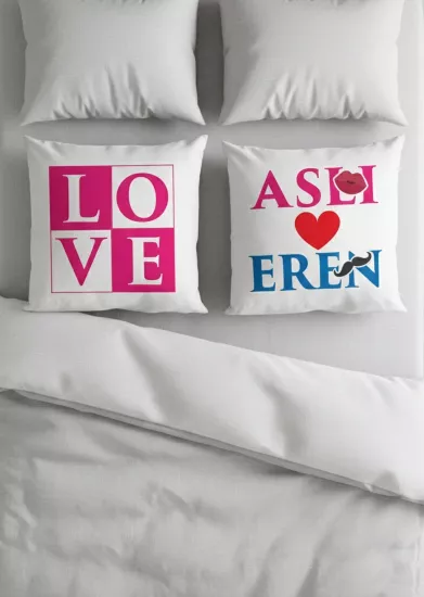 Çiftlere Özel Love Temalı İkili Kare Yastık Seti