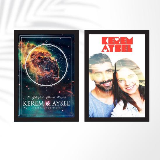 Sevgiliye Resimli Dekoratif Çerçeve ve Yıldız Haritası