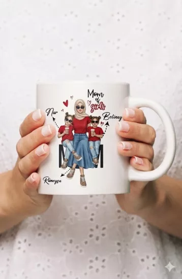 Tesettürlü Anne ve Kızları Kişiye Özel Kupa