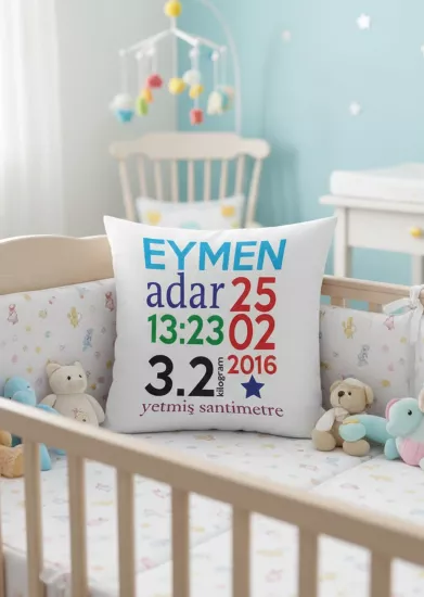 Yeni Doğan Bebeklere Özel İsimli Kare Yastık